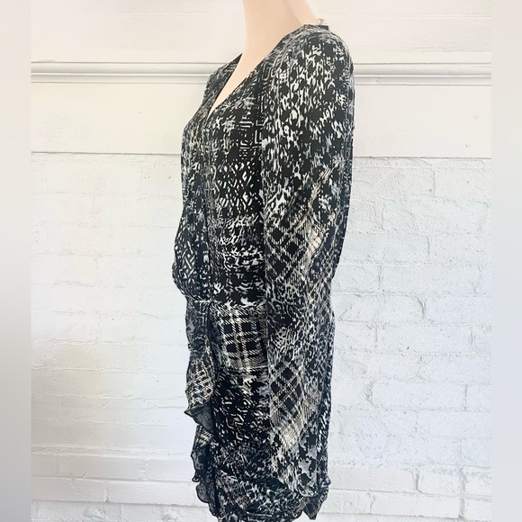 Ramy Brook Myla Mini Dress Black Houndstooth Burnout Multi Ruched Faux Wrap NWT - Picture 10 of 16